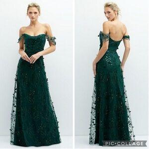 Dessy Collection 3135 3D Floral Embroidered Off‎ The Shoulder Gown Evergreen 14